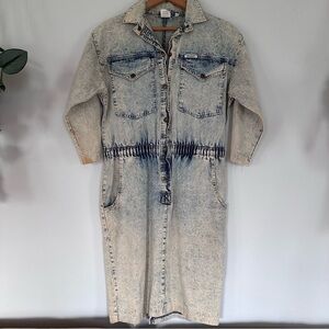 Vintage 80’s IDEAS Stone Acid Washed Denim Snap Front Midi Dress Size Medium
